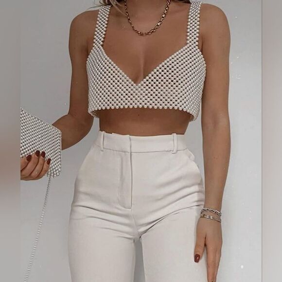 Festival Faux Pearl Crop Top Bralette Beaded Tank Cami Top - Picture 2 of 13